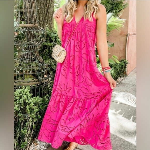 ANTHROPOLOGIE by MAEVE Belrose Eyelet Maxi Dress Barbie Pink Dress Size XS - Picture 5 of 14